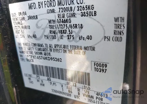 2004 Ford F-150 Fx4/Lariat/Xl/Xlt z USA, uszkodzony, nr VIN 1FTPX14574KD95262